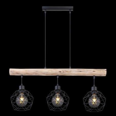 Drewniana lampa wisząca z 3 drucianymi kloszami belka drewna 3 zwisy styl vintage do jadalni nad stół nad wyspę kuchenną