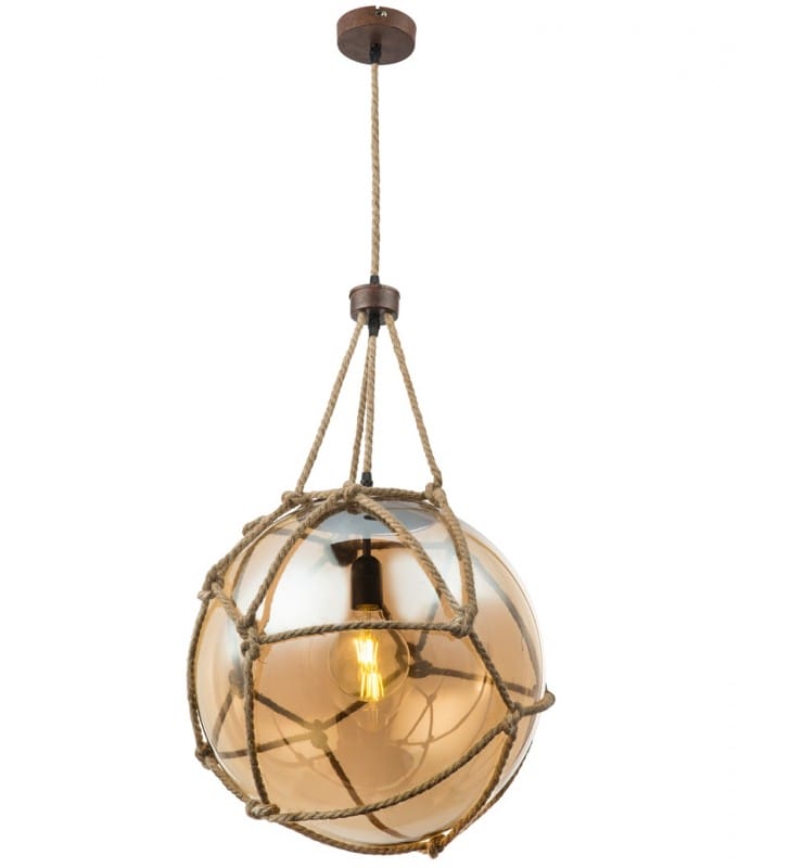 Oryginalna szklana lampa wisząca zdobiona siatką z liny Tiko klosz kula 40cm