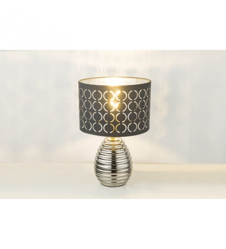 Dekoracyjna lampa stołowa nocna Mirauea ceramiczna srebrna podstawa abażur szaro srebrny ze wzorem