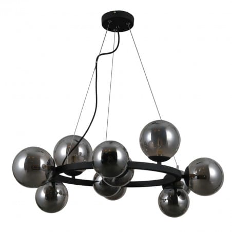 Czarna satynowa lampa wisząca do salonu Montora 11 szklanych dymionych kloszy na obręczy