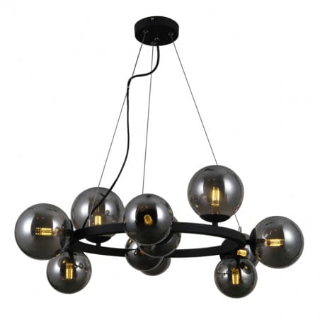 Czarna satynowa lampa wisząca do salonu Montora 11 szklanych dymionych kloszy na obręczy
