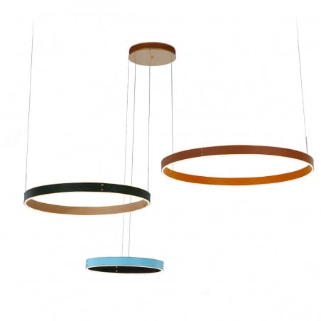 Lampa wisząca Manezia LED duża 3 pierścienie ze skóry w 3 kolorach brązowy niebieski czarny do dużych pomieszczeń