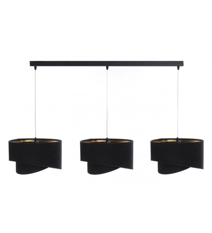 Czarna potrójna lampa wisząca Emi 3 czarno złote asymetryczne abażury z weluru do jadalni nad stół