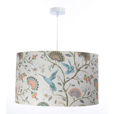Abażurowa lampa wisząca Kolibri3 tkanina z kolibrami i kwiatami turkusowy środek do salonu sypialni kuchni jadalni
