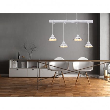 Lampa wisząca Jowita biała drewniana belka z 4 ceramicznymi kloszami do kuchni jadalni nad stół metal ceramika drewno