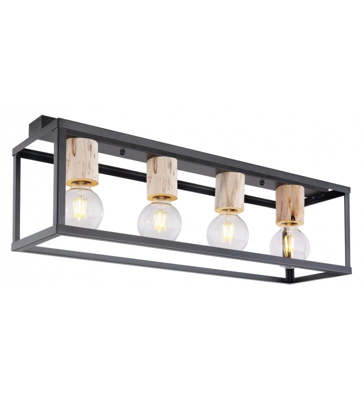 Lampa sufitowa plafon Hagar czarna metalowa klatka 4 drewniane oprawki do salonu na przedpokój do kuchni prostokąt