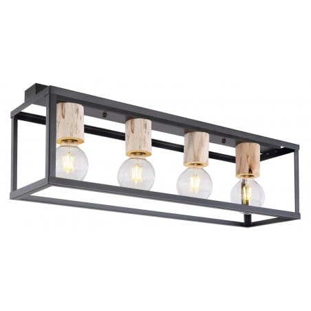 Lampa sufitowa plafon Hagar czarna metalowa klatka 4 drewniane oprawki do salonu na przedpokój do kuchni prostokąt