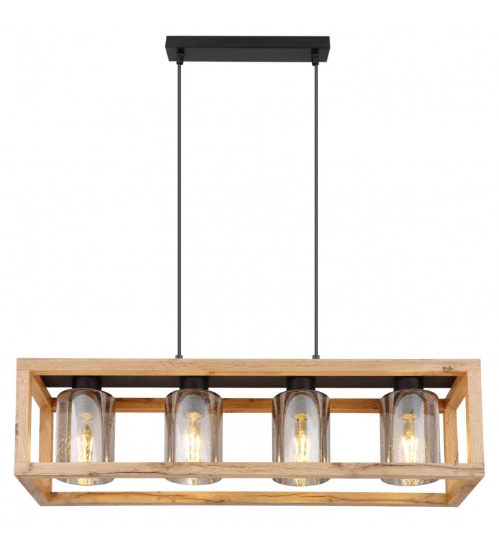 Drewniana prostokątna lampa wisząca Pettey 4 dymione klosze szklane do salonu jadalni salonu