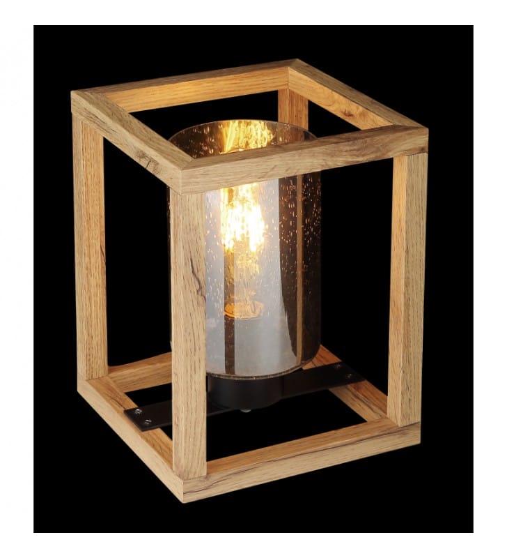 Niska kwadratowa drewniana lampa stołowa ze szklanym kloszem Pettey