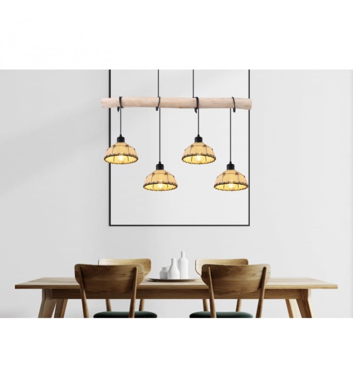 Lampa wisząca Rex vintage belka drewniana 4 beżowe abażury do kuchni jadalni salonu sypialni