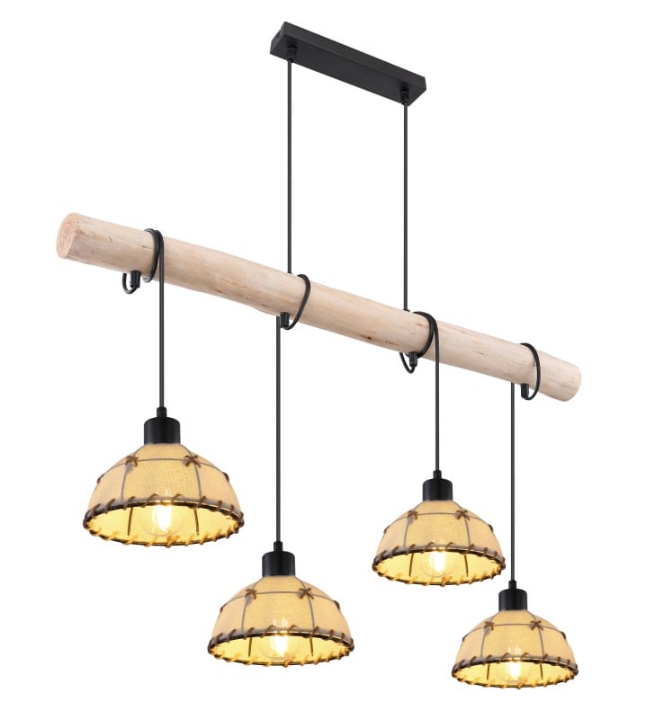 Lampa wisząca Rex vintage belka drewniana 4 beżowe abażury do kuchni jadalni salonu sypialni