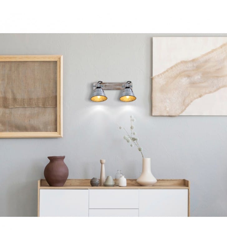 Podwójna lampa sufitowa Gunther postarzana klosze cynk drewno biało złote styl vintage