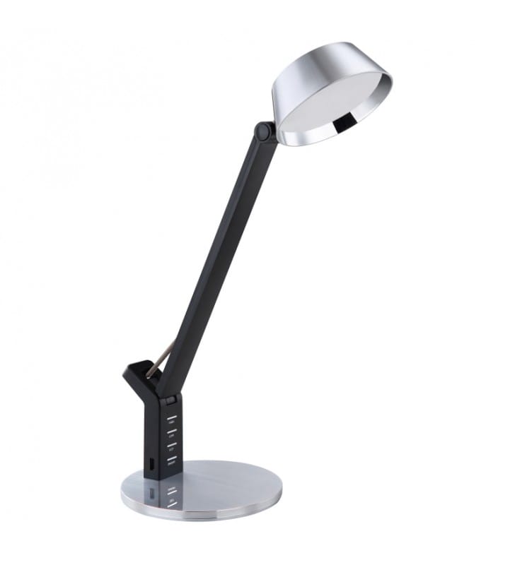 Czarno srebrna lampka biurkowa Ursino LED regulacja barwy światła ściemniacz włącznik dotykowy na lampie regulacja wysokości