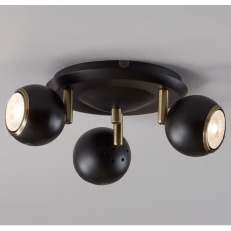 Coco sufitowa czarna lampa z mosiężnymi detalami nowoczesna 3 okrągłe klosze