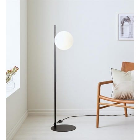 Lampa podłogowa Dione czarna podstawa metalowa ze szklanym okrągłym kloszem nowoczesna do salonu sypialni