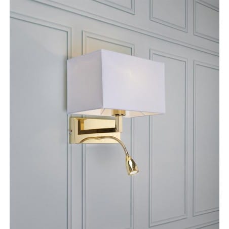 Kinkiet do sypialni Savoy złoty abażur biały prostokątny dodatkowe giętkie ramię do czytania dwa włączniki
