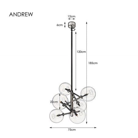 Lampa wisząca Andrew czarna 6 bezbarwnych okrągłych kul długa regulowana sztywne zawieszenie