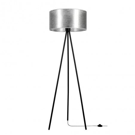 Lampa stojąca Nevoa srebrny abażur z fizeliny czarny metalowy trójnóg do salonu sypialni