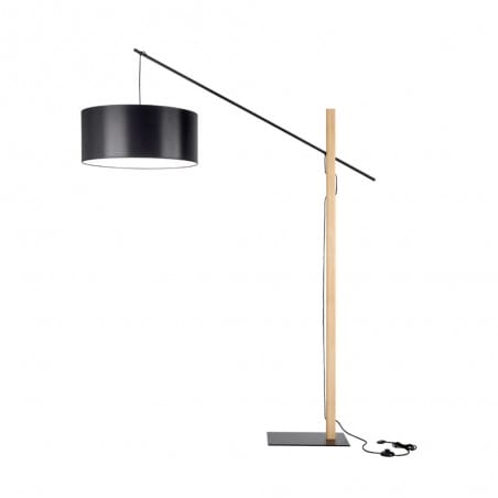 Duża lampa podłogowa w stylu skandynawskim wysunięte ramię Cecile czarny abażur podstawa metal drewno do salonu sypialni jadalni