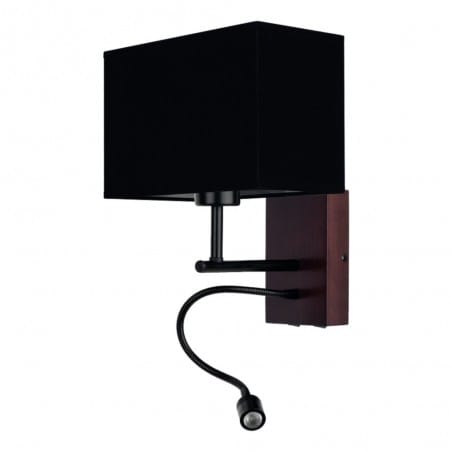 Kinkiet Sonar z oświetleniem do czytania czarny abażur prostokąt ciemne drewno metal 2 włączniki na lampie