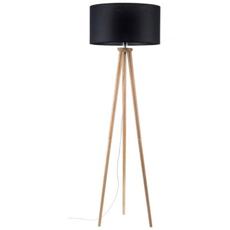 Czarna lampa stojąca do salonu na 3 drewnianych nogach Ennie abażur włącznik podłogowy