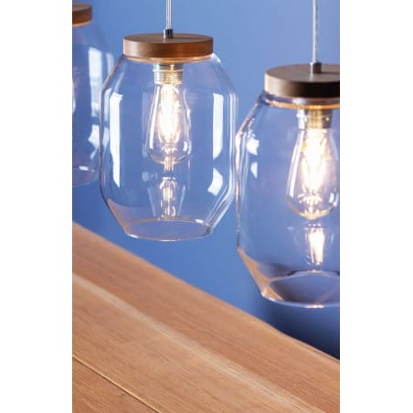 Potrójna lampa wisząca Vaso 3 szklane przezroczyste klosze drewno do jadalni nad stół