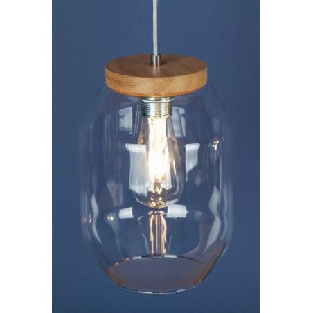 Potrójna lampa wisząca Vaso 3 szklane przezroczyste klosze drewno do jadalni nad stół