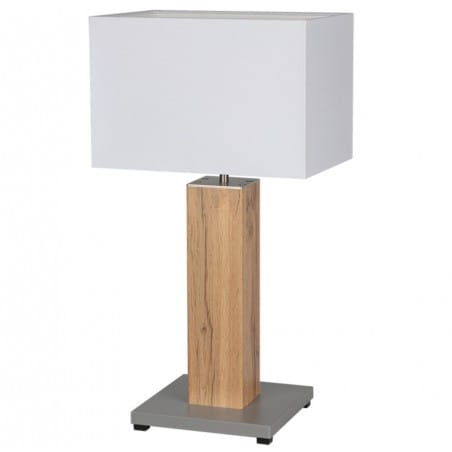 Lampa stołowa z białym prostokątnym abażurem i drewnianą podstawą Milano