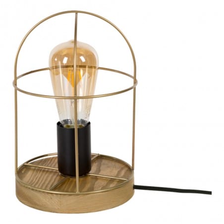 Lampka stołowa z drewnianą podstawą Netuno złoty druciany klosz włącznik na kablu