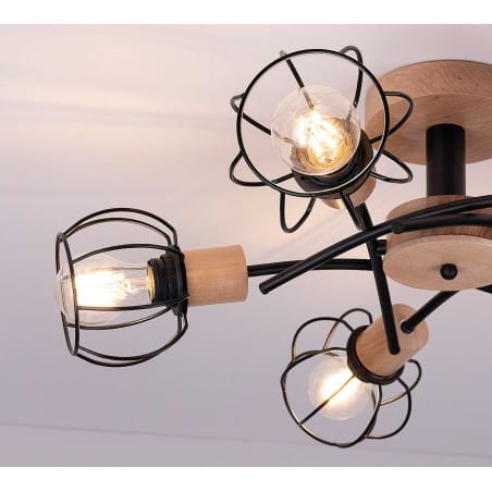 Lampa sufitowa Viviane drewno dębowe czarny metal 5 drucianych kloszy do salonu