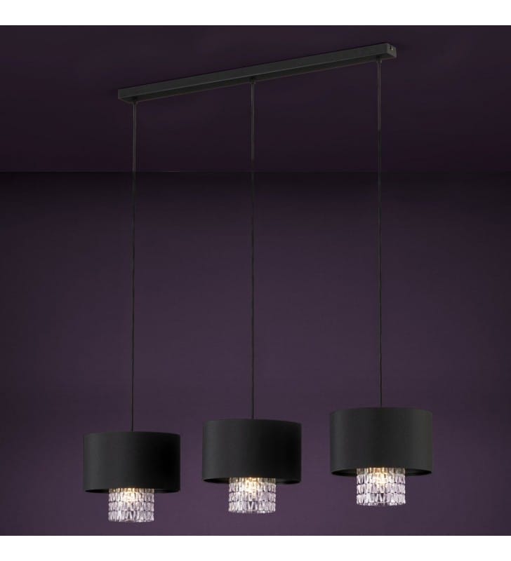 Elegancka 3 zwisowa czarna lampa wisząca Sapuara 3 abażury ze szklaną dekoracją nad stół do jadalni