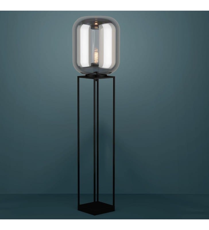 Lampa podłogowa Bulciago czarna stalowa podstawa czarny szklany transparentny klosz do salonu sypialni