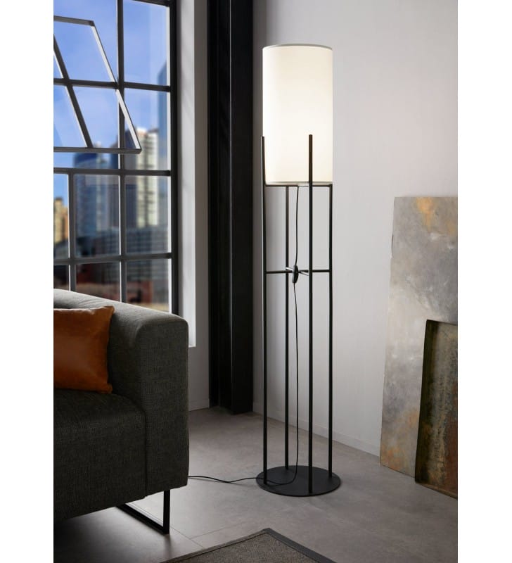 Czarna lampa stojąca z białym abażurem Glastonbury metalowa podstawa z prętów do salonu sypialni włącznik na przewodzie