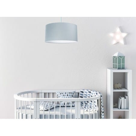 Błękitna lampa wisząca Greta abażur 40cm tkanina jaśminowa pikowana do sypialni salonu pokoju dziecka