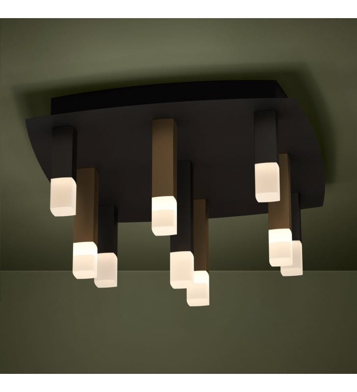 Kwadratowa czarna lampa sufitowa Estanterios LED  z 9 wąskimi kloszami czarny złoty brązowy możliwość ściemniania