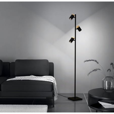 Lampa stojąca Cartagena czarna 3 klosze drewno do salonu sypialni pokoju młodzieżowego 3xGU10