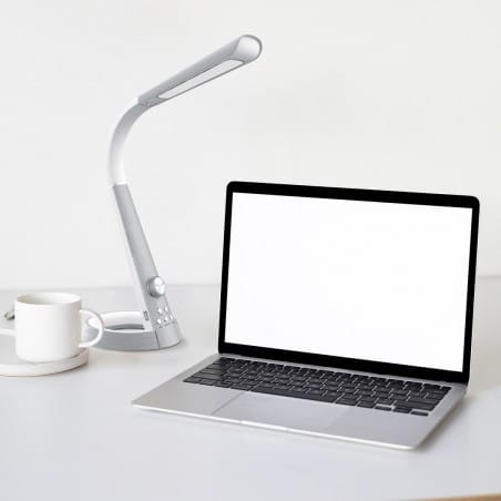 Srebrno biała nowoczesna lampka biurkowa Berkane ściemniacz gniazdo USB światło nocne LED