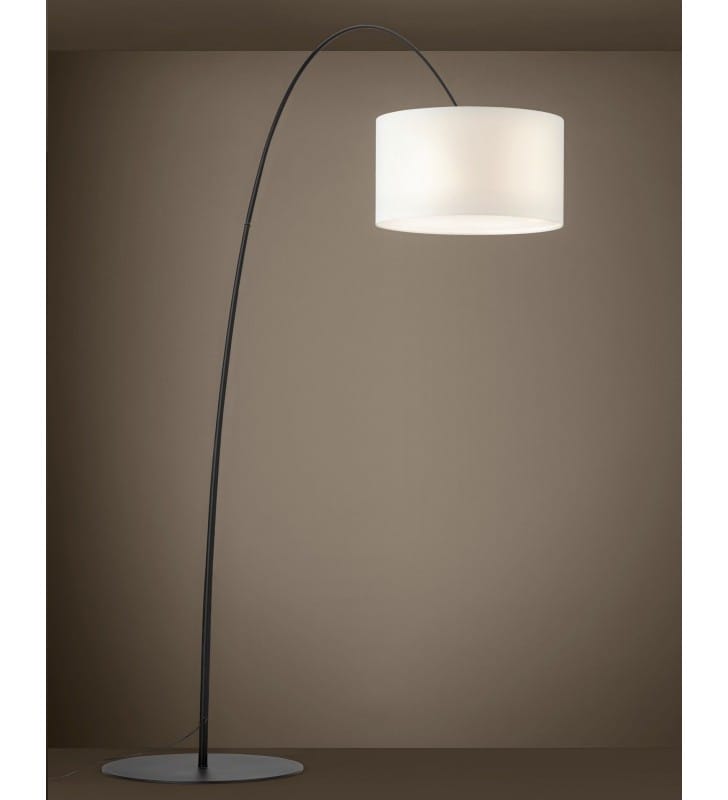 Wysoka łukowa lampa stojąca Lesquerde nad sofę fotel do salonu sypialni czarny metal biały abażur 3xE27