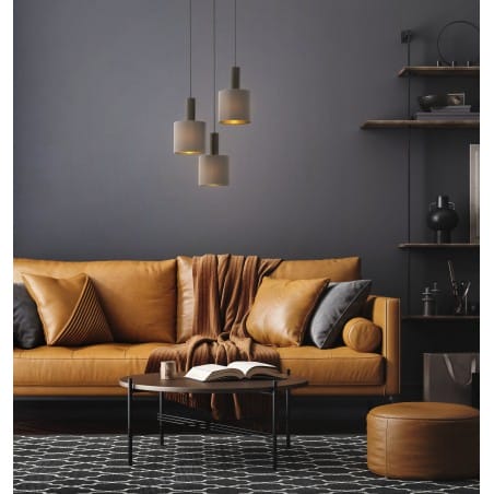 Lampa Concessa1 potrójna spirala abażury tekstylne w kolorze cappuccino złote wnętrza metal ciemny brąz np. nad stół schody