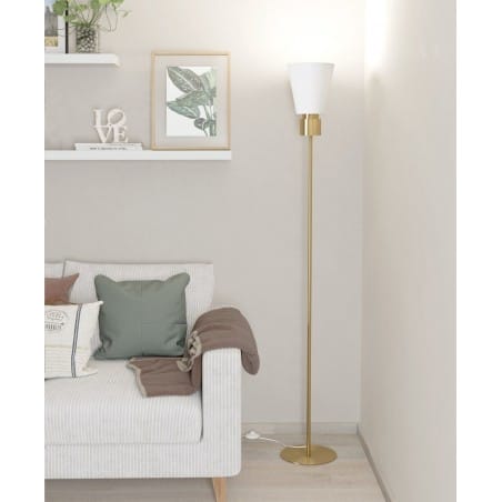 Lampa podłogowa Aglientina mosiądz szczotkowany biały klosz z tkaniny w górę do sypialni