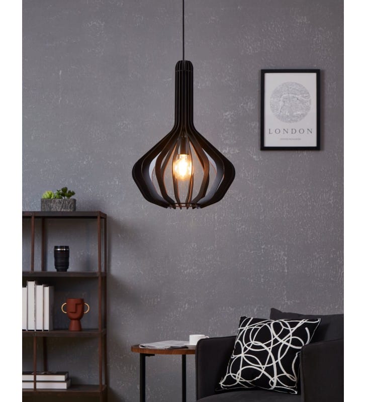 Czarna lampa zwisająca z drewna Velasco do kuchni salonu sypialni 1xE27