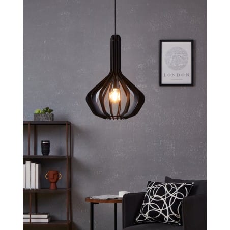 Czarna lampa zwisająca z drewna Velasco do kuchni salonu sypialni 1xE27