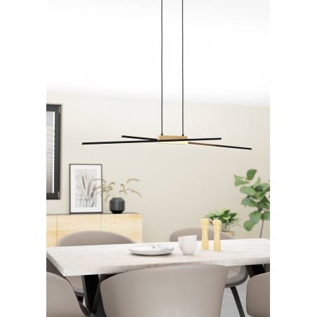 Lampa wisząca do oświetlenia stołu Panagria LED 2 wąskie czarne klosze drewno możliwość ściemniania