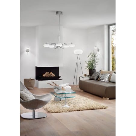 Lampa podłogowa Optica na 3 metalowych nogach klosz szklany opal mat do jadalni salonu sypialni