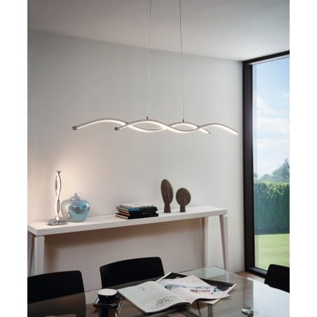 Podłużna lampa wisząca Lasana2 LED chrom styl nowoczesny nad stół do jadalni kuchni salonu biura