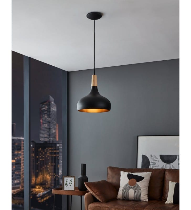 Lampa wisząca Sabinar 28cm klosz czarny metal z drewnem do salonu do kuchni jadalni nad stół