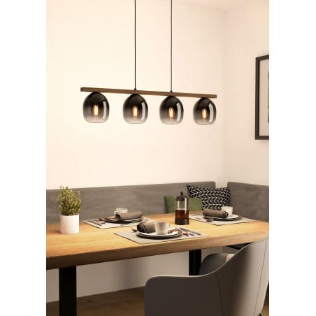 Podłużna lampa wisząca nad stół Filago drewno czarny metal 4 szklane cieniowane klosze 4xE27