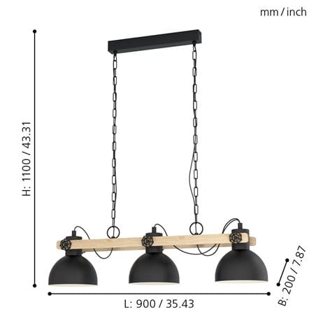 Loftowa 3 pkt lampa wisząca Lubenham na łańcuchach czarny metal drewno