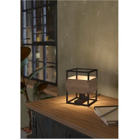 Mała loftowa lampka stołowa Evesham metalowe profile drewno włącznik na przewodzie