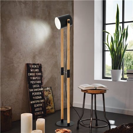 Lampa podłogowa Hornwood loftowa nowoczesna drewno czarny metal do biura salonu sypialni ruchomy klosz